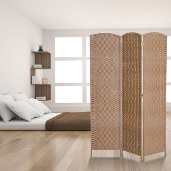 6' Tall Wicker Weave 3 Panel Room Divider Wall Divider, Natural Wood