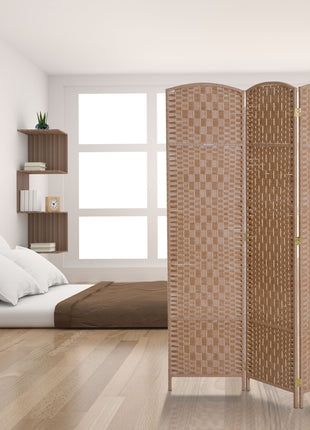 6' Tall Wicker Weave 3 Panel Room Divider Wall Divider, Natural Wood