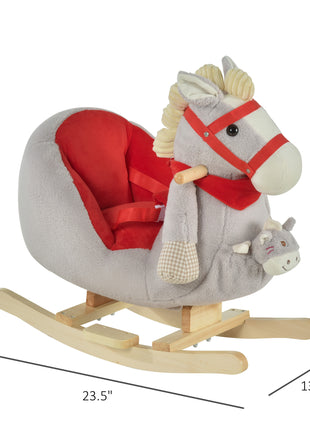 Kids Ride-On Rocking Horse Toy, Rocker with Lullaby Song, Hand Puppets & Soft Plush Fabric for Children 18-36 Months, Gray