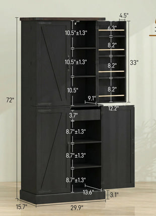 72" Tall Kitchen Pantry Cabinet, Farmhouse Storage Cabinet with 8 Door Racks and Adjustable Shelves, Black