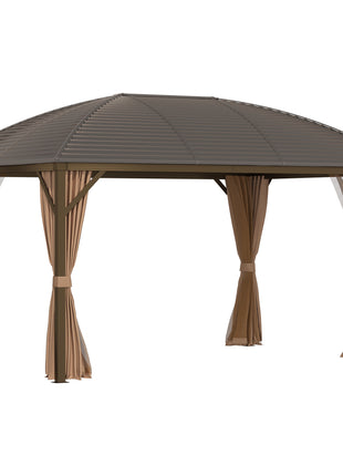 10' x 13' Hardtop Gazebo with Curtains, Netting, Pavilion with Steel Roof Ceiling Hook for Garden Patio, Brown