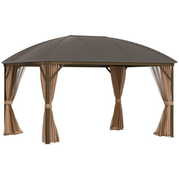 10' x 13' Hardtop Gazebo with Curtains, Netting, Pavilion with Steel Roof Ceiling Hook for Garden Patio, Brown