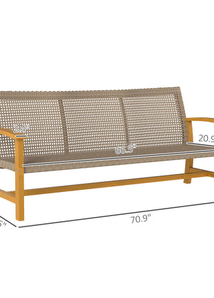 3-Seat Wicker Outdoor Couch Patio Sofa, Acacia Wood Patio Furniture with Steel Seat Armrests, 1000 LBS Capacity, Teak