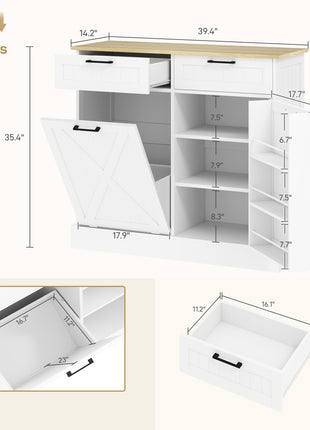 10 Gallon Farmhouse Kitchen Cabinet with Hidden Trash Can and 2 Drawers, Tilt Out Trash Can Cabinet for Kitchen, White