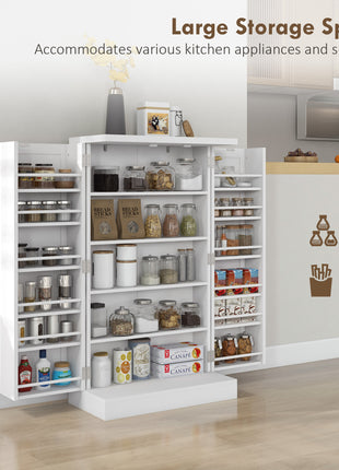 Freestanding Kitchen Pantry, Kitchen Storage Cabinet with 5-Tier Shelf, 12 Spice Racks, Adjustable Shelves, White