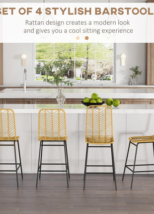 Set of 4 Rattan Barstools Wicker Counter Stools with Steel Legs and Footrest for Dining Room Kitchen Pub Yellow