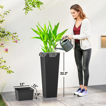 32 Inch Tall Planters for Outdoor Plants, Set of 2 Plastic Flower Pots with Drainage Holes, Black
