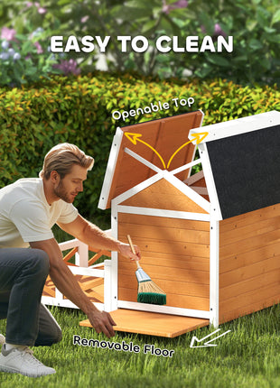 Outdoor Wooden Dog House, Dog Shelter with Large Porch, Weatherproof & Openable Roof, Elevated Base, Removable Floor