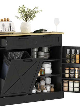 10 Gallon Farmhouse Kitchen Cabinet with Hidden Trash Can and 2 Drawers, Tilt Out Trash Can Cabinet for Kitchen, Black