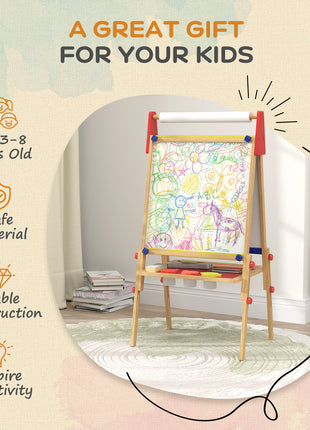 3 in 1 Easel for Kids with Paper Roll, Whiteboard, Chalkboard, Double Sided & Adjustable Height, Nature Wood