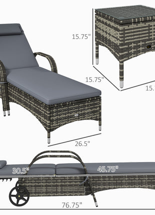 Patio Wicker Chaise Lounge Chair Set of 2 with Table, Adjustable Backrest, Wheels, Cushion & Headrest, Gray