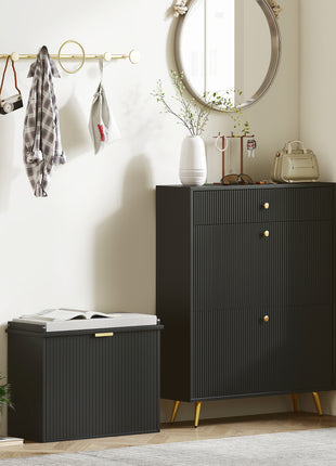 Shoe Storage Bench with Padded Seat Cushion and Flip-Drawer, Entryway Bench, Shoe Cabinet, 24.4x10.2x18.7 Inches, Black