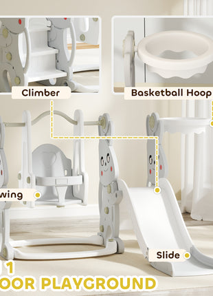 4 in 1 Toddler Slide and Swing Set with Climber, Basketball Hoop, Rabbit Themed Kids Playset for Ages 1.5-4, Gray