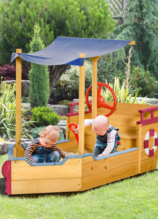 Kids Wooden Sandbox, w/ Canopy Bench Seat Storage Space, Aged 3-8 Years Old