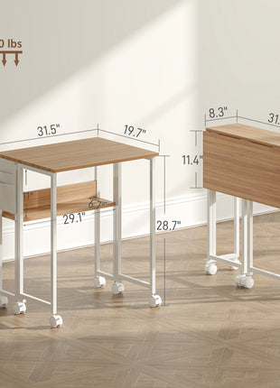Folding Computer Desk, Foldable Desk with Storage Bag, Shelf and Wheels for Small Spaces, Home Office, Natural Wood