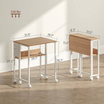 Folding Computer Desk, Foldable Desk with Storage Bag, Shelf and Wheels for Small Spaces, Home Office, Natural Wood