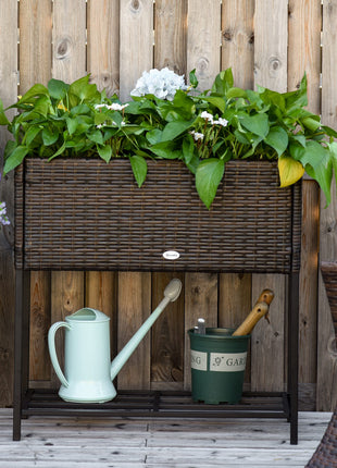 Raised Garden Bed, Elevated Planter Box with Rattan Wicker Look, Tool Storage Shelf, Portable Design for Herbs, Vegetables, Flowers, Brown