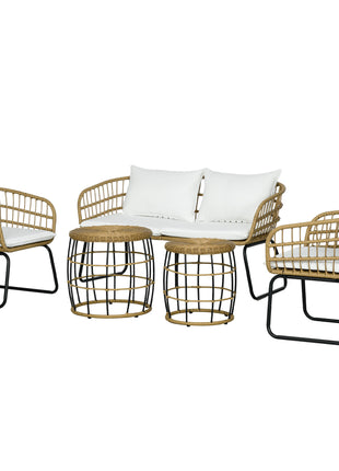 5 Piece PE Rattan Outdoor Furniture Set with Cushioned Chairs, Loveseat Sofa & Stackable Coffee Tables, Cream White