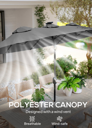 Double-sided Patio Umbrella, 9.7' Outdoor Umbrella with Tilt and Crank, LED Solar Light and 12 Ribs, Gray