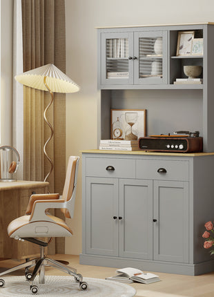 Freestanding Kitchen Cabinet, 71" Tall Pantry Cabinet, Modern Hutch with Wide Countertop, Adjustable Shelves, Gray