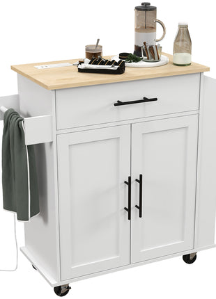 Rolling Island with Wheels for Kitchen, Kitchen Island on Rollers with Power Outlets, Drawer, and Doors, White