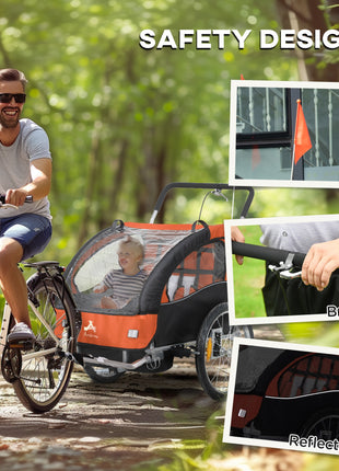 2-Seat Elite 360 Swivel Bike Trailer for Kids Bicycle Cargo Trailer with Water-Resistant Windows, Black and Orange