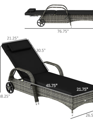 2 Reclining Chaise Lounge Chairs, Rolling Outdoor Chairs with Cushion, Pillow, Headrest, Armrests, and Wheels, Black