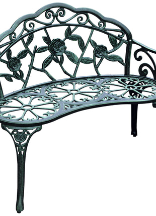Outdoor Bench, Cast Aluminum Outdoor Furniture, Metal Bench with Floral Rose Accent & Antique Finish, Green