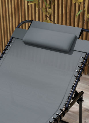 2 Piece Folding Chaise Lounge Pool Chairs with 5-level Reclining Back, Reading Hole, Side Pocket, Gray