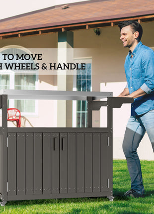 Outdoor Bar Cart with Storage, Stainless Steel Outdoor Bar Table Top, Wheeled HDPE Kitchen Island for Food Prep, Gray
