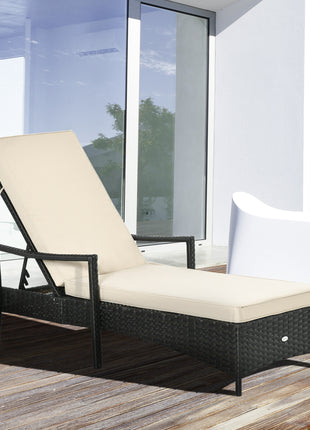 Wicker Chaise Lounge, 4 Position Adjustable Backrest and Cushions Outdoor Lounge Chair PE Rattan Sun Lounger for Poolside, Balcony or Garden, Beige