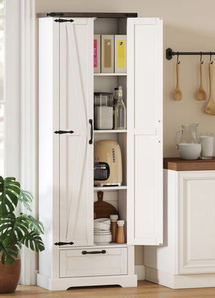 71" Pantry Cabinet, Kitchen Storage Cabinet with Adjustable Shelves, Barn Doors and Drawer for Dining Room, White