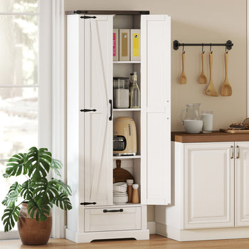 71" Pantry Cabinet, Kitchen Storage Cabinet with Adjustable Shelves, Barn Doors and Drawer for Dining Room, White