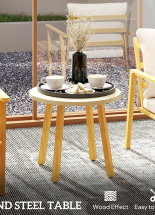 3 Piece Outdoor Bistro Set, Wood Effect Metal Patio Set with Wide and Deep Chairs, Round Table, Cushions, Cream White