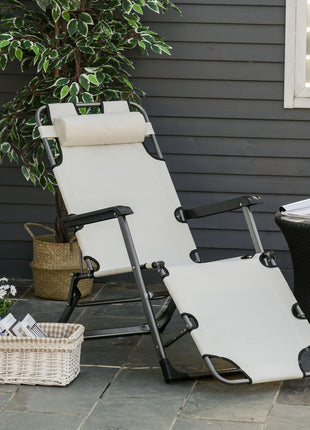 Folding Chaise Lounge Chair for Outside, 2-in-1 Tanning Chair with Pillow & Pocket, Adjustable Pool Chair for Beach, Patio, Lawn, Deck, Cream White