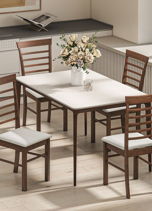 Wooden Dining Chairs Set of 4, Farmhouse Upholstered Kitchen Chairs with Rubber Wood Frame, Dark Brown and Beige