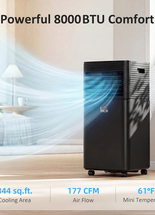 8000 BTU Portable Air Conditioner with Dehumidifier, Cooling Fan, Sleep, Remote, 24H Timer, Auto Off, Black