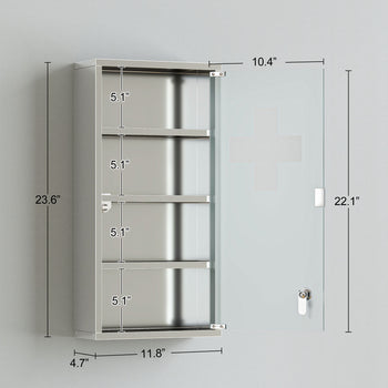 12" x 24" Lockable Medicine Cabinet, 4 Tier Stainless Steel Medical Wall Box with 2 Keys and Shelves for Bathroom
