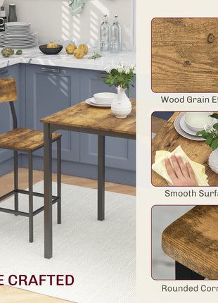 3 Piece Pub Table and Chairs, Small Kitchen Table and Chairs, Square Dining Table with 2 Stools, Rustic Brown and Black