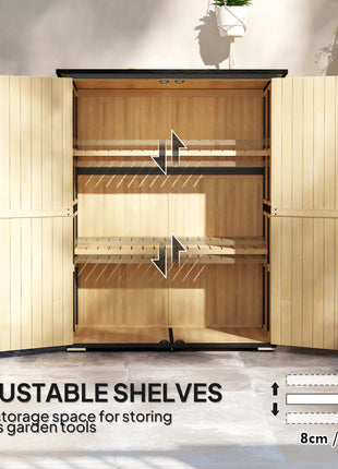Wood Storage Shed, Outdoor Garden Shed with Asphalt Roof, 2 Shelves, Lockable Doors and Adjustable Feet, Natural