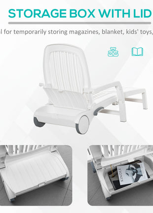Outdoor Chaise Lounge Chair on Wheels with Storage Box, Waterproof Lounger with Quick Assembly, Folding Design, 5 Level Adjustable Backrest for Pool, Beach, Patio, Garden, White