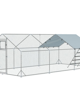 Metal Chicken Run w/ Waterproof & Anti-UV Cover, Feeding Door, Hanging Feeder, for 18-24 Chickens, 9.8' x 19.7' x 6.4'