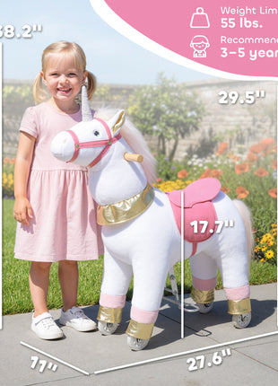 Ride on Unicorn Toy for Kids 3-5 Years, 29.5 Inch Plush Baby Rocking Horse with Wheels, No Battery Required, White