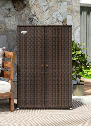 Outdoor Storage Cabinet with Shelves, Rattan Pool Towel Storage Cabinet with Removable Shelf & Drawer, Mixed Brown