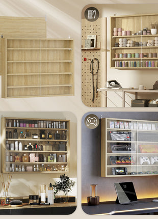 5-Tier Display Cabinet, Wall-Mounted Display Case with 2 Glass Doors and Adjustable Shelves, Oak