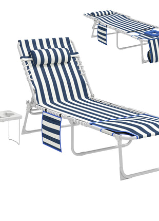 Tanning Chair with Face Hole and Side Table, 5-Position Folding Outdoor Chaise Lounge Chair, Blue and White