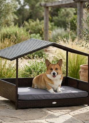 Wicker Dog House Outdoor with Canopy, Rattan Dog Bed with Water-resistant Cushion, Raised Pet Bed for Small, Medium Breeds up to 66 lbs, 20" in Length, Brown Wicker, Gray Cushion