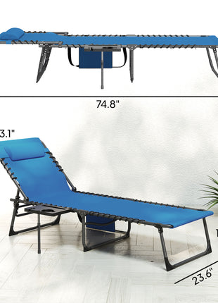 Folding Outdoor Chaise Lounge Chair Tanning Chair with 5-Level Adjustable Back, Side Table, Pillow, Pocket, Blue