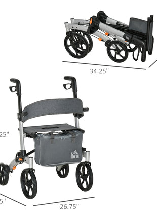 Aluminum Rollator Walker for Seniors and Adults with 10'' Wheels FSA HSA Eligible, Seat and Backrest, Folding Rolling Walker with Adjustable Handle and Storage Bag, Support up to 300lbs, Gray