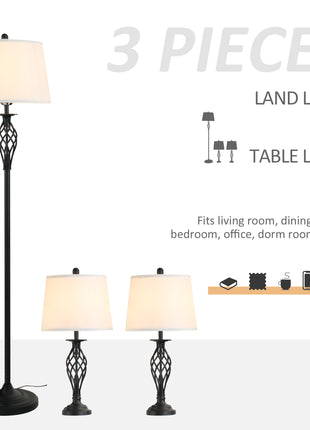 3 Piece Table Floor Lamp Set with Metal Pole, Round Base, and Fabric Lampshade, for Living Room, Black/White
